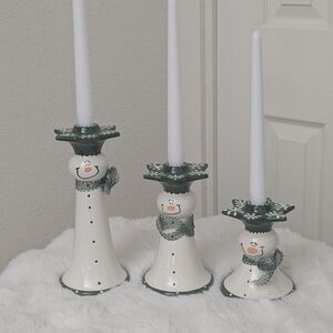 Ceramic Snowman Candle Holders Set of 3 Green White Christmas Holiday Decor